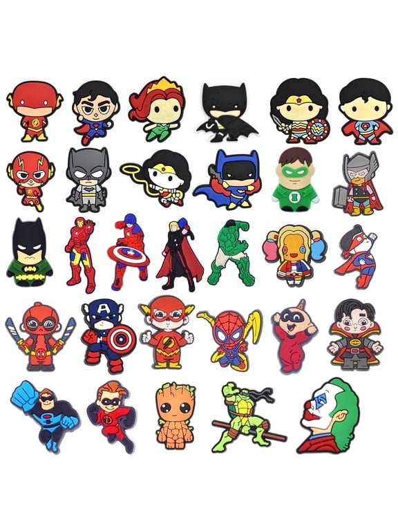 30 Pcs Superhero Shoe Charms for Croc Clogs, Comic Hero Decoration Pins for Kids Boys Girls, PVC Bulk Pack Party Favor Gifts