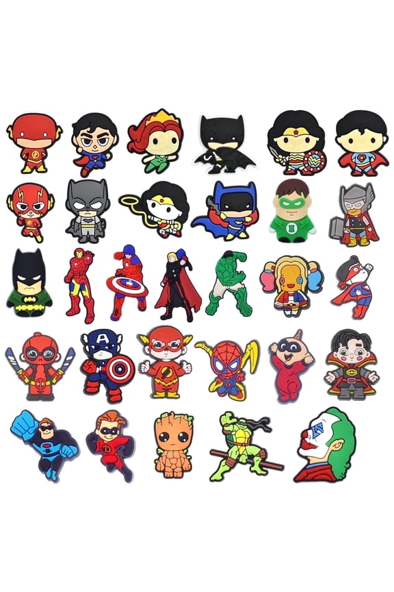 30 Pcs Superhero Shoe Charms for Croc Clogs, Comic Hero Decoration Pins for Kids Boys Girls, PVC Bulk Pack Party Favor Gifts