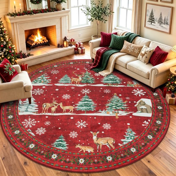 Ivalue Christmas 8ft Round Rug Washable Decorative Red Circle Rugs for Living Room Non Skid Christmas Tree Print Round Carpet for Holiday Decor