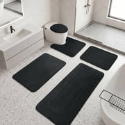 Ivalue Bathroom Rugs Sets 5 Piece Absorbent Bath Mat Non-Slip Bath Rug Set with Bathroom Runner, U-Shaped Toilet Rugs, Shower Rug & Toilet Lid Cover (Black)