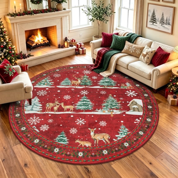Ivalue Christmas 6ft Round Rug Washable Decorative Red Circle Rugs for Living Room Non Skid Christmas Tree Print Round Carpet for Holiday Decor