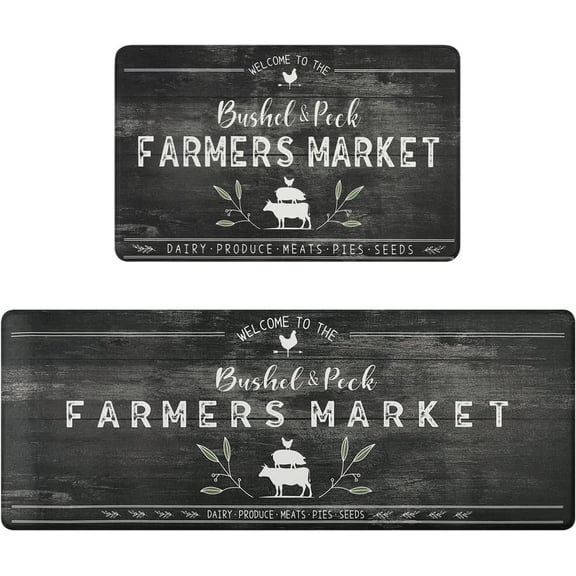 Ivalue Farmhouse Kitchen Rug Set of 2 Non Slip Kitchen Rug Sets Cushioned Anti Fatigue Floor Mats Heavy Duty Standing Mats for Kitchen Entryway Bathroom Bedroom17"x28"+17"x47"(Black)