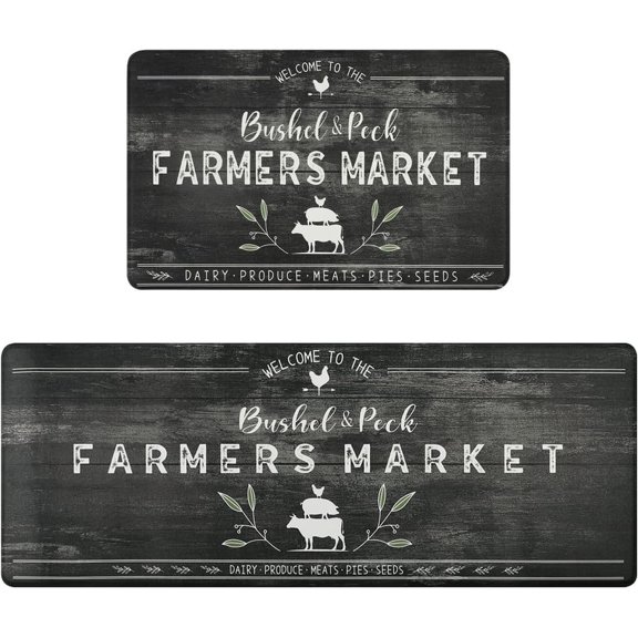 Ivalue Farmhouse Kitchen Rug Set of 2 Non Slip Kitchen Rug Sets Cushioned Anti Fatigue Floor Mats Heavy Duty Standing Mats for Kitchen Entryway Bathroom Bedroom17"x28"+17"x47"(Black)