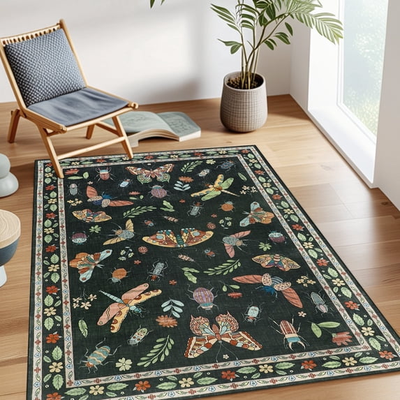 Ivalue Insect Botanical 3x5 Rug Washable Entryway Rug Indoor Non-Slip Low Pile Throw Rugs (Black)