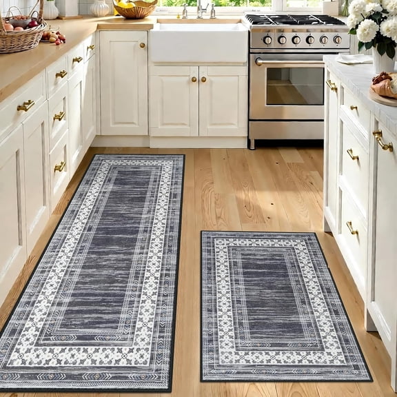 Ivalue Kitchen Rug Sets 2 Pieces Non Slip Kitchen Rugs and Mats Washable Kitchen Mats (Black)