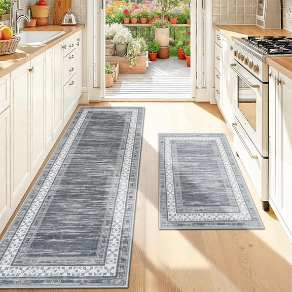 Ivalue Kitchen Rug Sets 2 Pieces Non Slip Kitchen Rugs and Mats Washable Kitchen Mats(Gray)