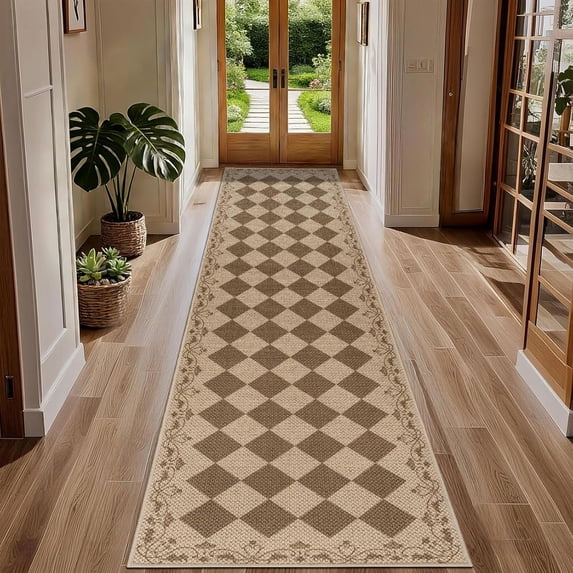 Ivalue 2x10ft Runner Rug for Hallway Non-Slip Washable Kitchen Rug Jute Woven Checkered Carpet Runners for Hallway Entryway Laundry Bedroom