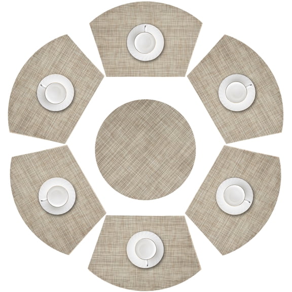 Ivalue Wedge Placemats Set of 7 Round Table Placemats Woven Vinyl Place Mats Non Slip Round Table Mats Wipe Clean Indoor Outdoor Use(Linen Yellow）