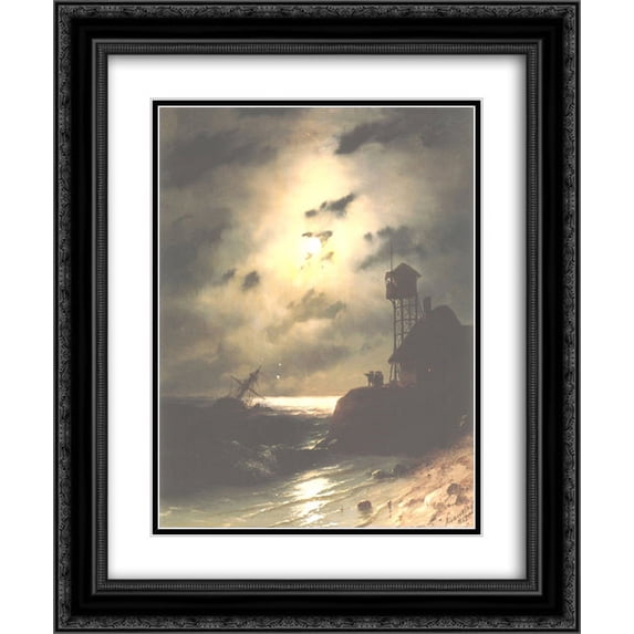 Ivan Aivazovsky 2x Matted 20x24 Black Ornate Framed Art Print 'Moonlit Seascape With Shipwreck'