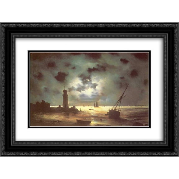 Ivan Aivazovsky 2x Matted 24x20 Black Ornate Framed Art Print 'Coast of sea at night'