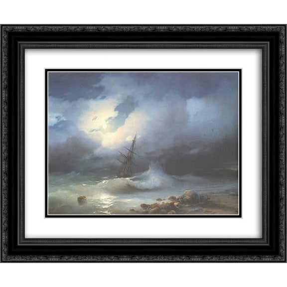 Ivan Aivazovsky 2x Matted 24x20 Black Ornate Framed Art Print 'Rough sea at night'