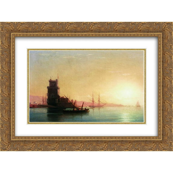Ivan Aivazovsky 2x Matted 24x20 Gold Ornate Framed Art Print 'Lisbon. Sunrise'