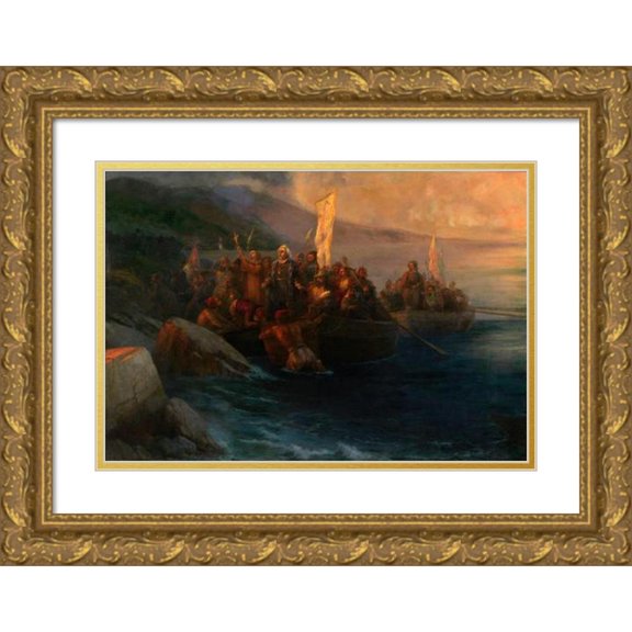 Ivan Ayvazovsky 24x18 Gold Ornate Framed and Double Matted Museum Art Print Titled - The Disembarkation of Christopher Columbus with Companions on Three Launches, on Friday 12th October 1492