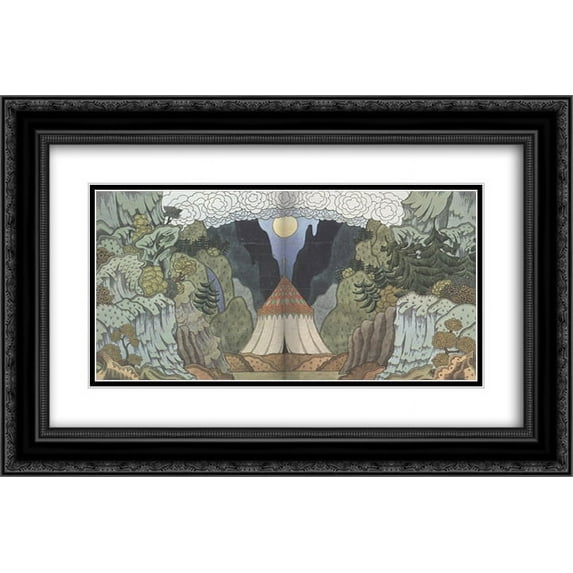 Ivan Bilibin 2x Matted 24x18 Black Ornate Framed Art Print 'Sketch for the opera, 'The Golden Cockerel', by Nikolai Rimsky-Korsakov '