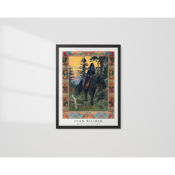 Ivan Bilibin Black Horseman Slavic Folktale Illustration Home Decor, Unframed Paper Poster 8x10in