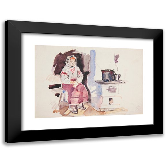 Ivan Ivanec 14x11 Black Modern Framed Museum Art Print Titled - A Peasant in an Embroidered White Blouse and in Corals Sitting in the Kitchen by the Stove (1914)