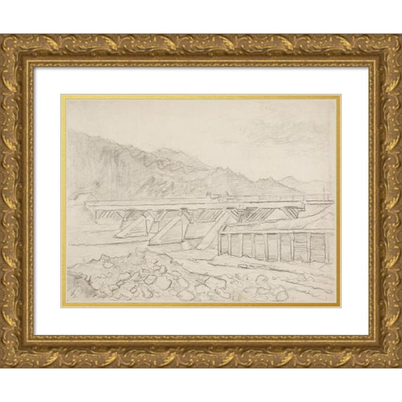 Ivan Ivanec 14x11 Gold Ornate Wood Frame and Double Matted Museum Art Print Titled - Mountainous Landscape with a Bridge (1943)