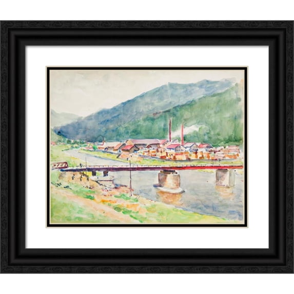 Ivan Ivanec 14x12 Black Ornate Wood Framed Double Matted Museum Art Print Titled: Landscape with a View of the Bridge on the Mountain River
