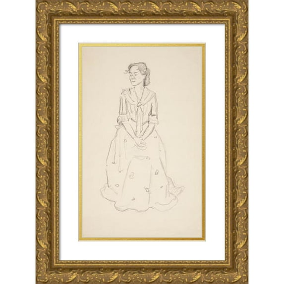Ivan Ivanec 17x24 Gold Ornate Framed and Double Matted Museum Art Print Titled - A Study of a Woman in a Long Sitting Dress with Arms Folded on Her Knees (1929-1944)