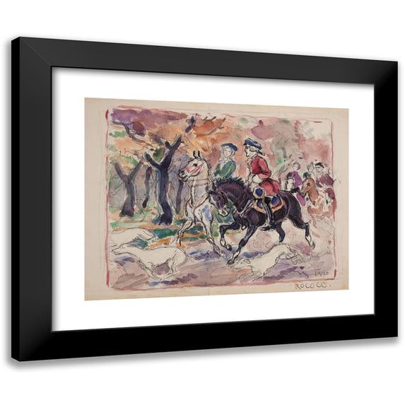 Ivan Ivanec 24x19 Black Modern Framed Museum Art Print Titled - General Scene - a Couple in Costumes from the Middle 18th Century on Horses Driving Through the Forest (1920)