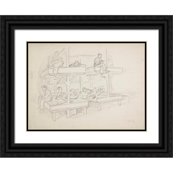 Ivan Ivanec 24x19 Black Ornate Framed Double Matted Museum Art Print Titled: Interior of the Camp Barrack with Bunk Bunks (1943)