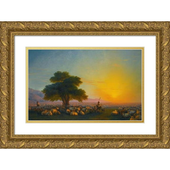 Ivan Konstantinovich Aivazovsky 14x11 Gold Ornate Wood Frame and Double Matted Museum Art Print Titled - Shepherds with Their Flock at Sunset (1859)