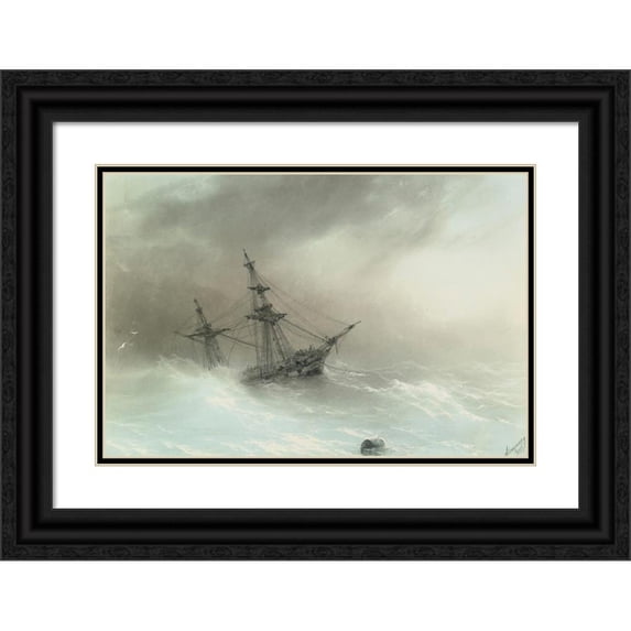 Ivan Konstantinovich Aivazovsky 18x13 Black Ornate Wood Framed Double Matted Museum Art Print Titled - Ship in a Stormy Sea (1888)