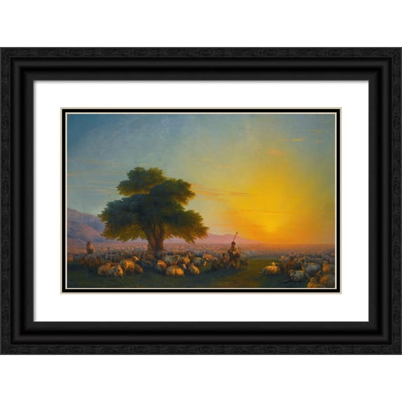 Ivan Konstantinovich Aivazovsky 24x17 Black Ornate Framed Double Matted Museum Art Print Titled: Shepherds with Their Flock at Sunset (1859)