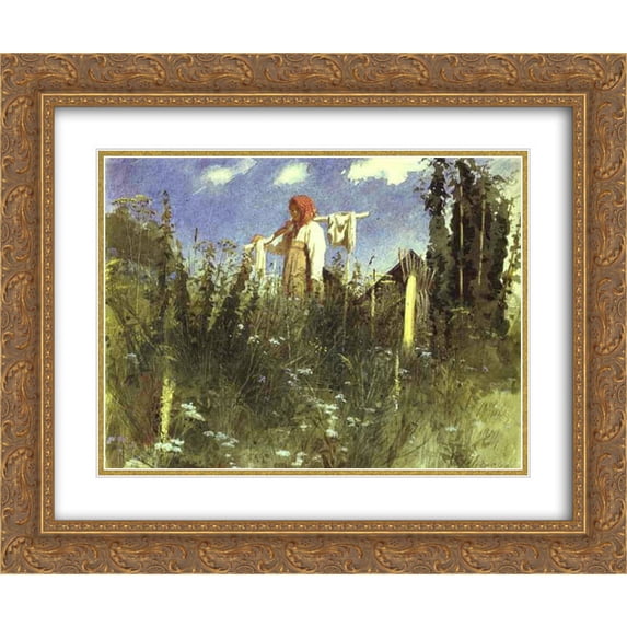 Ivan Nikolaevich Kramskoi 2x Matted 24x20 Gold Ornate Framed Art Print 'Girl with Washed Linen on the Yoke'