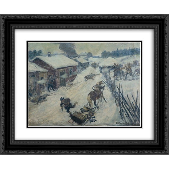 Ivan Vladimirov 2x Matted 24x20 Black Ornate Framed Art Print 'An episode from the Civil War. The battle in the village.'