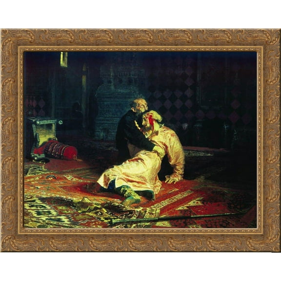 Ivan the Terrible and His Son Ivan on November 16, 1581 24x20 Gold Ornate Wood Framed Canvas Art by Repin, Ilya