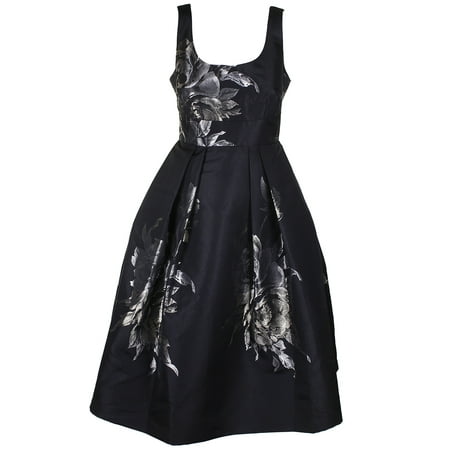 Ivanka Trump Black Silver Metallic Floral-Print Sleeveless Fit Flare Dress 8