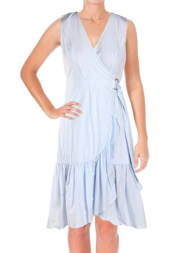 Womens Cotton Striped Sleeveless Faux Warp Ruffle Hem Dress