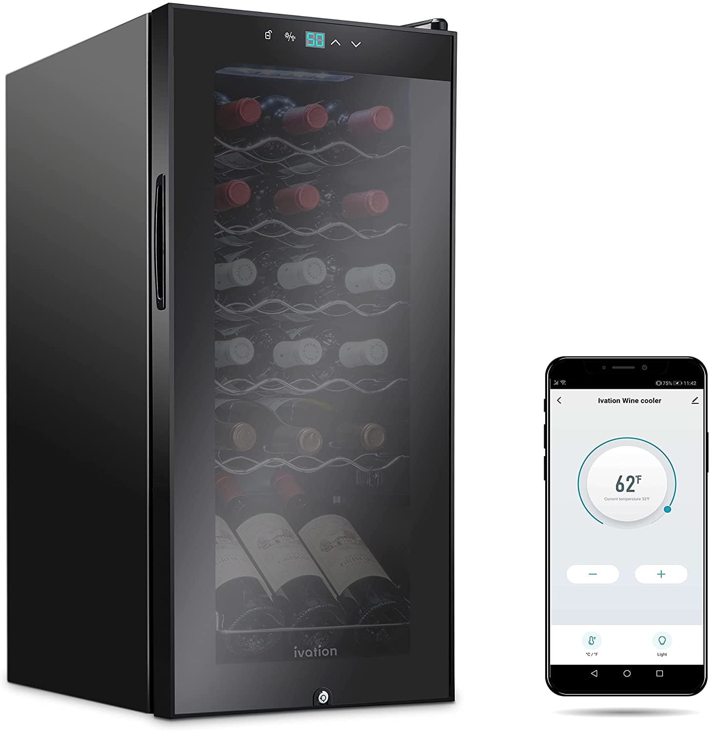 Ivation 18-Bottle Glass Door Compressor Refrigerator, Black