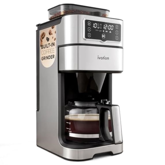 Ivation 2-in-1 Drip Coffee Maker & Grinder – 10 Cup, Auto Brew, Timer, 1.5L Tank, Reusable Filter.