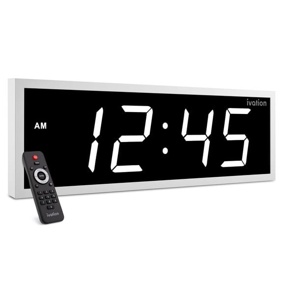 Ivation 24" Digital Wall Clock, Big LED Display, Timer, Alarms, Auto Brightness, Remote - White