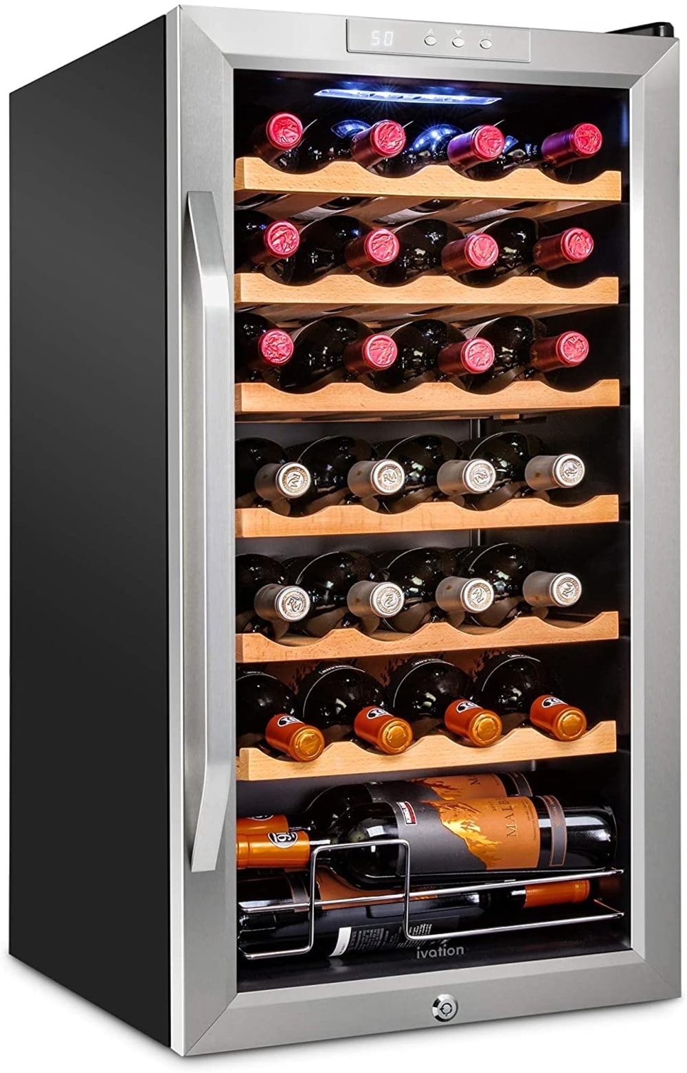 IVATION 28-Bottle Compressor Wine Cooler Refrigerator with Lock, Silver