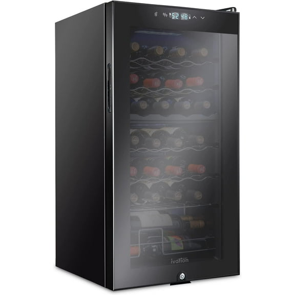 Ivation 28 Bottle Freestanding Wine Refrigerator, Dual Zone Wine Fridge with Lock, Black