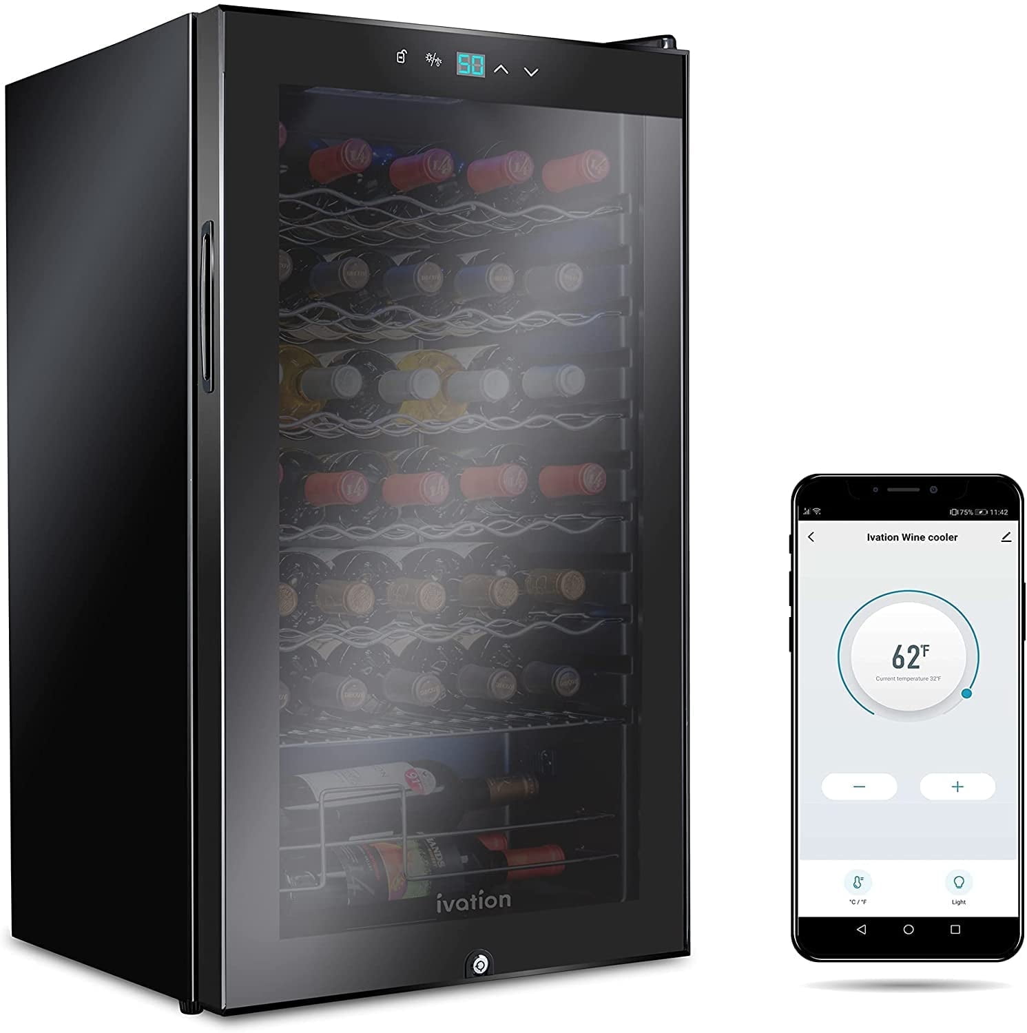 IVATION 34-Bottle Freestanding Wine Refrigerator with Wi-Fi & Smart App Control, Black