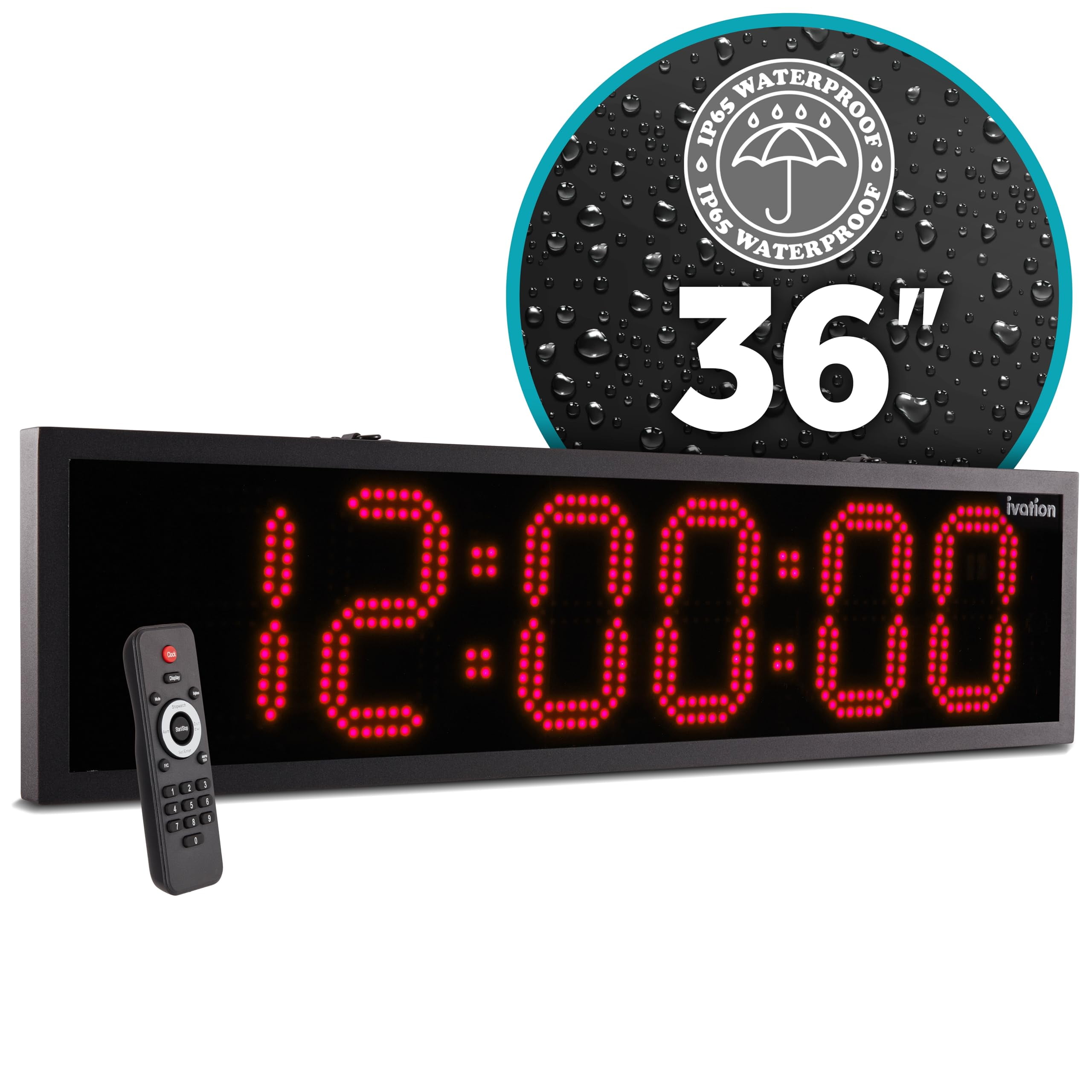 IVATION Waterproof Digital Clock with LED Display, Outdoor Water-Resistant with Stopwatch & Alarms