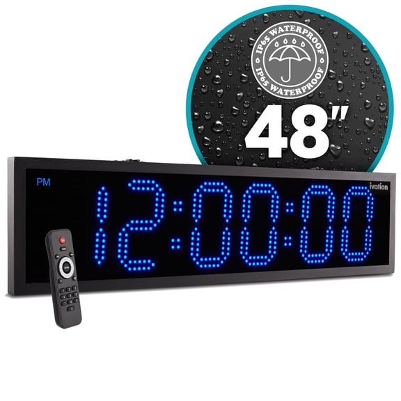 Ivation 48" Waterproof Large Digital Clock, Outdoor Large LED Clock with Stopwatch, Alarms  - Blue