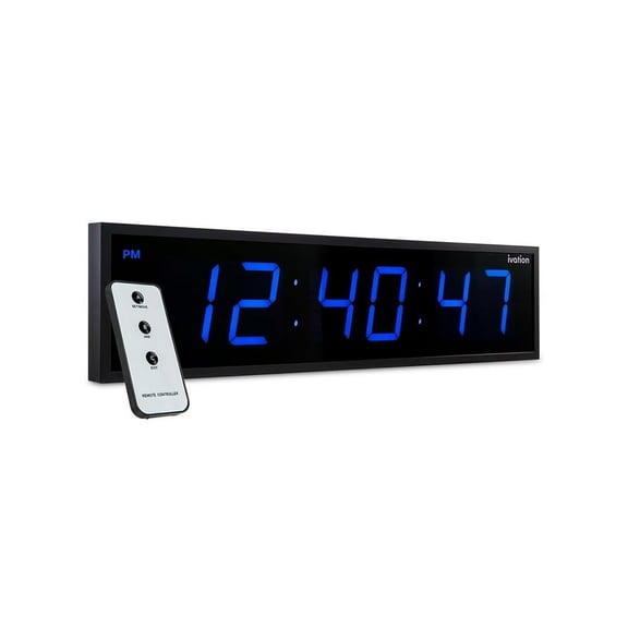 Ivation 24 Inch Digital Wall Clock with Large Display, Battery Backup, and Remote - Blue