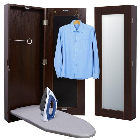 IVATION Wall Mounted Ironing Board Cabinet with Mirror Door & Release Lever Brown
