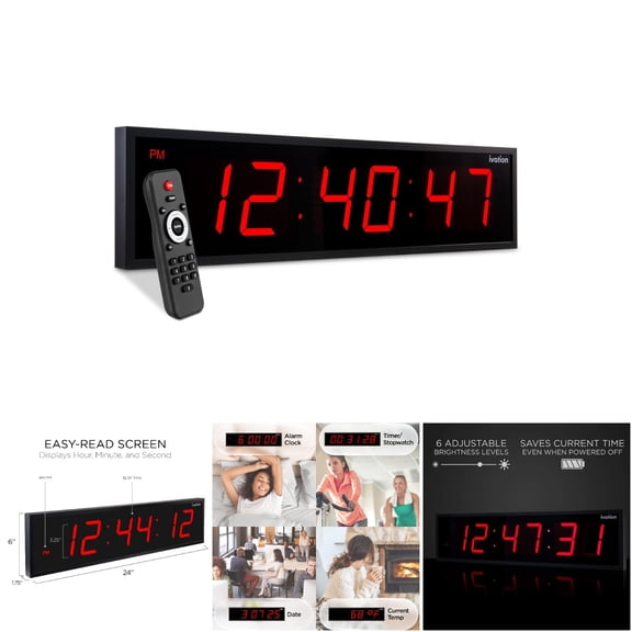 Ivation JID0124TRED Oversized Digital Clock with Stopwatch, Timer, Alarms, Temp & Date Display - 24" Red Aluminum Frame