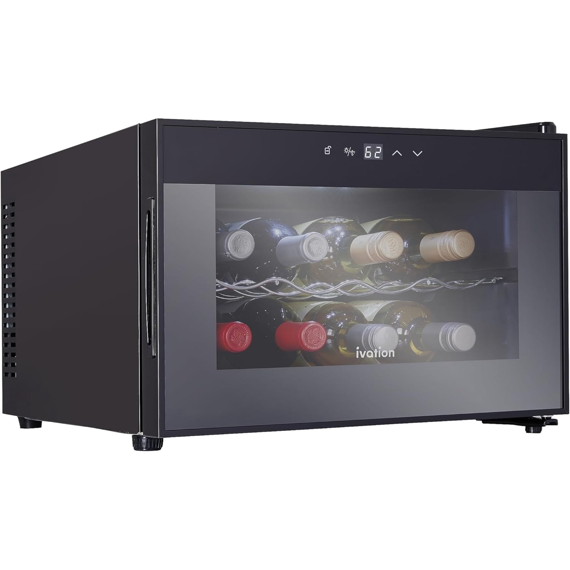 Ivation Premium 8 Bottle Horizontal Glass Door Wine Cooler, Quiet Freestanding - Black