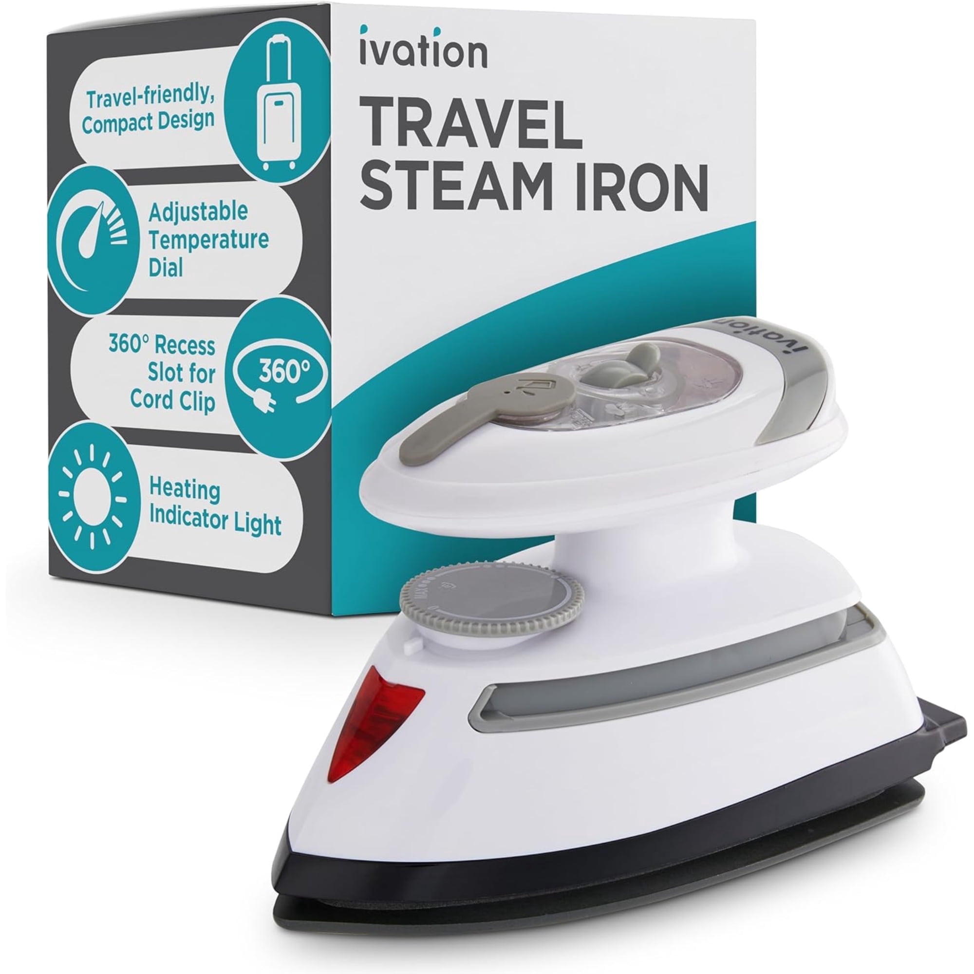 IVATION Travel Steam Iron with Nonstick Soleplate - Compact White Finish