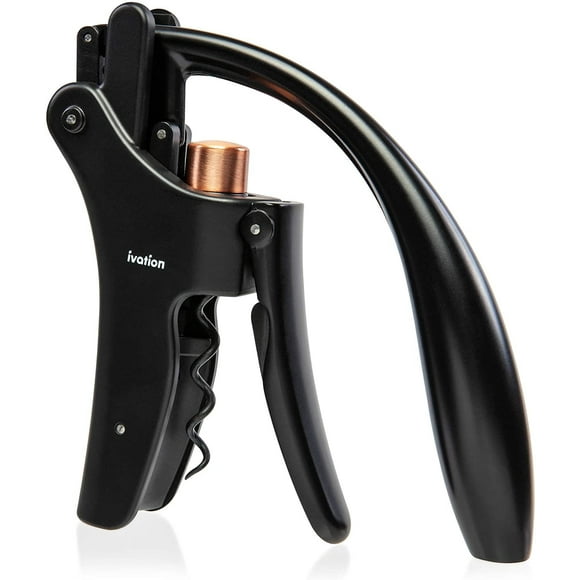 Ivation Wine Bottle Opener | Manual Handheld Corkscrew with Ergonomic Lever Pump, Standing Vertical Design, Soft Bottleneck Grip, Nonstick Screw & Easy No-Twist Cork Removal | Black & Bronze Stainles
