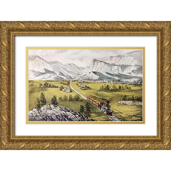 Ives, Currier and 32x22 Gold Ornate Wood Framed with Double Matting Museum Art Print Titled - Great West