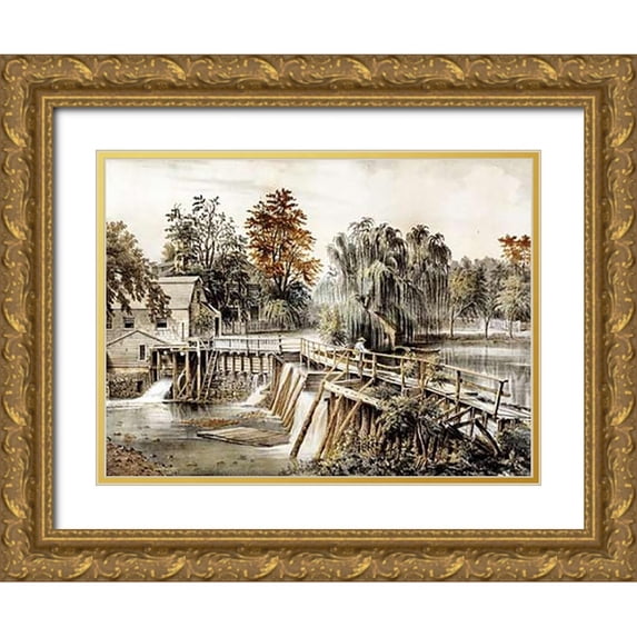 Ives, Currier and 32x25 Gold Ornate Wood Framed with Double Matting Museum Art Print Titled - The Mill-Dam at Sleepy Hollow