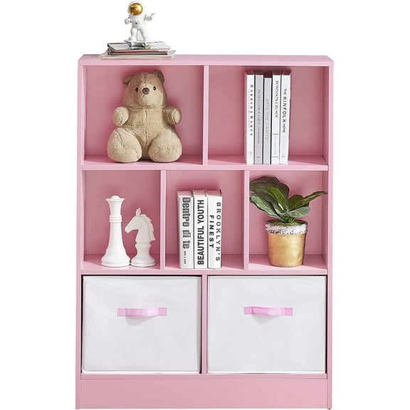 Ivinta Pink Kids Bookcase Bookshelf, Toddler Kids Toy Storage Cabinet with Fabric Drawers